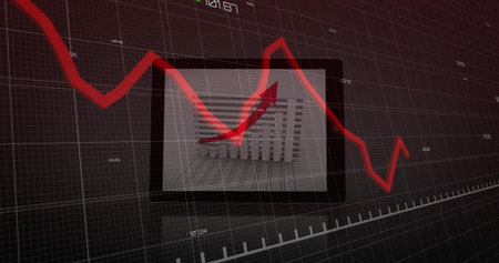 Displaying tablet with 3D bars, red arrow on dark grid, axis ticks, scale, jagged trend line. Analytics, dashboard, visualization, data, finance, trading, grayscaleの写真素材