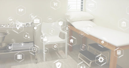 Showing wooden-framed examination table on right in clinic room, with sheet pillow trolley icons. Medical, minimal, sterile, equipment, telehealth, technology, windowの写真素材