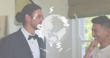 Talking men in tuxedo and white T-shirt discussing finance at home, with currency globe overlay. Formalwear, casualwear, duo, interior, softlighting, livingroom, moneyの写真素材