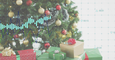 Showing evergreen tree at home with red gold baubles, tinsel, snow, wrapped gifts and candlesticks. Pine, conifer, christmas, festive, ornaments, ribbons, presentsの写真素材