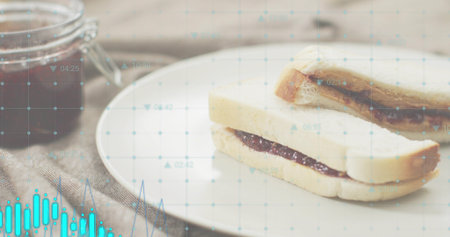 Displaying jam sandwich on ceramic plate on wooden table, with jam jar, napkin, overlay, copy space. Closeup, bread, breakfast, kitchen, rustic, cozy, gridの写真素材
