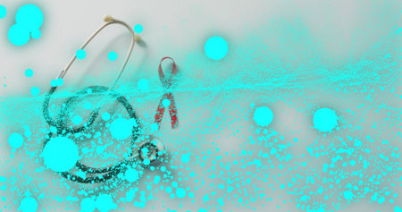 Showing stethoscope with red awareness ribbon coiling on white tabletop, cyan splatter overlay. Medical, instrument, chrome, metallic, stilllife, studio, minimalistの写真素材