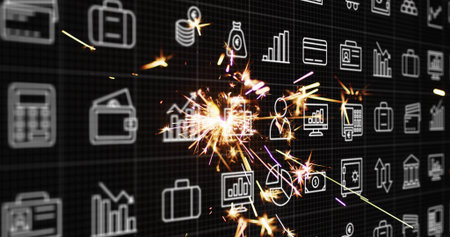 Sending golden sparks from centered spark cluster over dark grid display with finance icons. Glow, ember, radiant, neon, futuristic, dashboard, currencyの写真素材