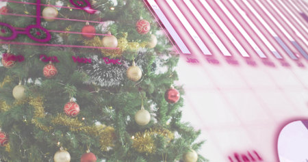 Filling left side, Xmas tree sparkling with red-gold baubles and tinsel in room, calendar overlay. Evergreen, ornaments, garlands, festive, seasonal, planner, gridの写真素材