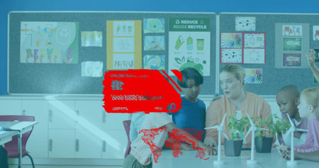 Teaching teacher in peach cardigan guiding seven students at class table with plants and turbines. Classroom, learning, science, environment, colorful, collaboration, teamworkの写真素材