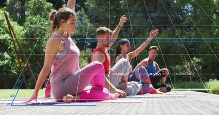 Stretching group in athletic wear on wooden park deck, yoga mats, pink water bottle, grid overlay. Outdoor, fitness, wellness, together, teamwork, vibrant, sunnyの写真素材
