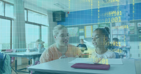 Leaning teacher and student studying notebook at front desk, with pencil case and binary overlay. Classroom, mentoring, education, guidance, collaboration, daylight, windowsの写真素材