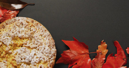 Featuring round crumble-topped pastry dusted with sugar on charcoal tabletop, red orange leaves. Pie, autumn, crust, powdered, stilllife, rustic, foliageの写真素材