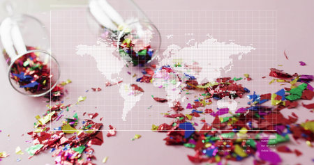 Tipping two clear vials spilling metallic confetti on pale pink table with dotted map, HUD boxes. Glassware, bottles, glitter, iridescent, overlay, grid, flatlayの写真素材