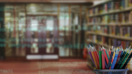 metal cup with colored pencils is sitting in flat design library, with floating code, education....
