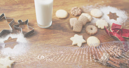 Displaying cookies with metal cutters on wooden tabletop, with milk, cinnamon, ribbon, data overlay. Dessert, star, angel, handmade, sugar, glass, rusticの写真素材