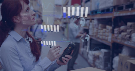 Scanning woman in light collared shirt checking warehouse shelves, scanner and stylus, copy space. Inventory, stockroom, logistics, collaboration, barcode, terminal, analyticsの写真素材