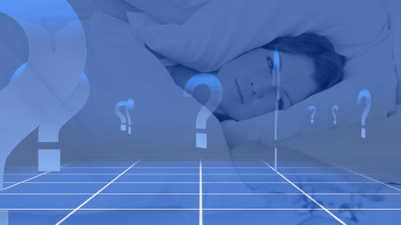 Woman is lying awake in bed in flat design, showing question marks over grid in technology. Contemplation, introspection, technology, digital, futuristic, innovation, uncertaintyの写真素材
