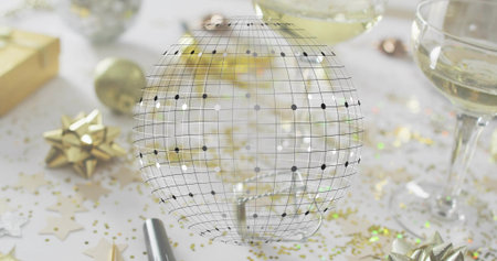 Displaying translucent wireframe globe hovering over party table, showing champagne glasses. Gold,...