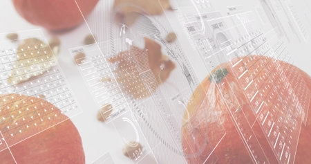 Featuring large textured orange resting on white table, with nuts, shells, copy space. Citrus, macro, stilllife, minimalist, futuristicの写真素材