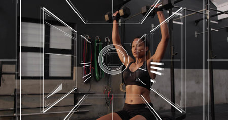 Lifting woman pressing hex dumbbells on bench in gym, wearing black bra and shorts, HUD overlay....
