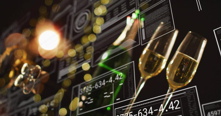Showing two champagne flutes bubbling on right in party bar, green bottle, HUD readouts, copy space....