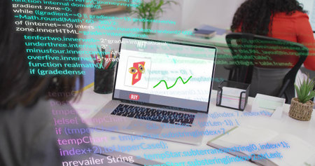 Displaying laptop chart with owl logo, colleagues in red top coding in office. Analytics, data,...