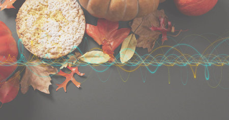 Showing round crispbread on gray surface with leaves pumpkin gourd apple waveform, copy space....