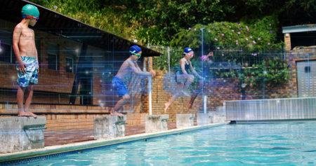 Jumping four children showing sequence jump at outdoor pool, with swim caps goggles and blocks....