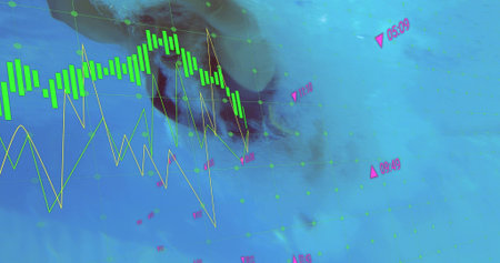 Displaying financial charts on blue-tinted grid, showing green candles, magenta labels, faint face....