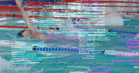 Swimming front swimmer doing backstroke at meet pool with lane ropes, cap and goggles, code overlay. Aquatic, athletes, competition, motion, splashes, lighting, wavesの写真素材