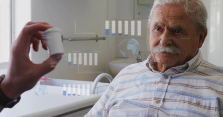 Presenting carer holding pill bottle toward seated senior in striped shirt in bathroom, AR overlays....