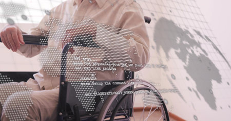 Sitting man wearing beige shirt in room, helper holding wheelchair push handle, map overlaying wall....