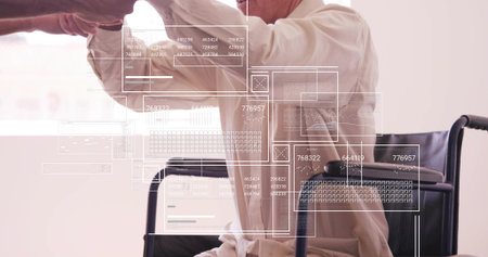 Helping carer lifting senior wearing pale longsleeve shirt in wheelchair by window with UI overlay. Caregiver, assistance, mobility, accessibility, technology, augmented, interfaceの写真素材