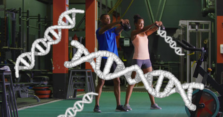 Lifting two adults wearing blue tee, peach tank performing kettlebell swings on turf with DNA helix. Gym, partners, duo, fitness, strength, conditioning, workoutの写真素材