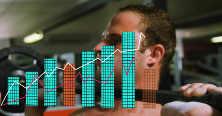 Holding male lifter gripping barbell while wearing tank top at gym, turquoise chart overlay. Weightlifting, weights, squat, rack, plates, dataviz, graphの写真素材