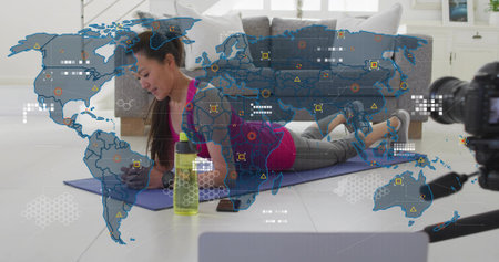 Animation of network of connections with icons over globe and data processing