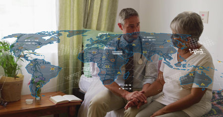 Holding hands, doctor wearing vest and stethoscope talking with senior patient on bed, data map....