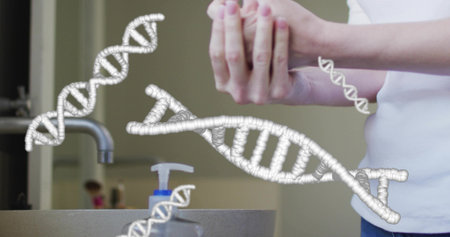 Holding cupped hands, woman in white top at bathroom sink, faucet, soap, copy space. Helix, hygiene, palms, mirror, vanity, counterの写真素材