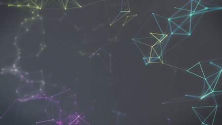 Glowing network nodes and lines are forming triangular patterns in flat design, technology theme....