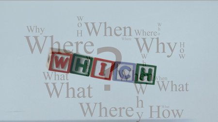 colored blocks are being shown in flat design with question mark, question words for education....