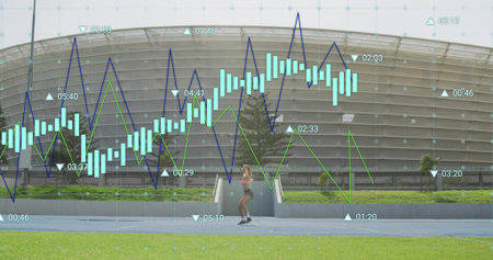Jogging woman in pink top dark shorts sneakers passing stadium promenade, showing data overlay....