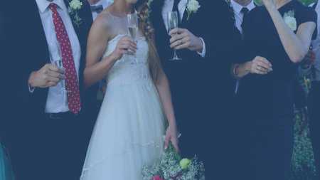 Wedding party members are raising champagne flutes in flat design garden scene for event planning. Celebration, unity, elegance, joy, happiness, sophistication, outdoorの写真素材