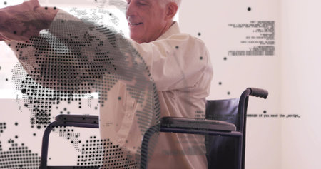 Caregiver adjusting blanket for senior in wheelchair in care wearing light shirt, dotted overlay. Aide, elder, chair, assist, comfort, calm, homecareの写真素材