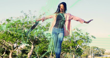 Balancing female skater in pink jacket, jeans, holding board left on park with green HUD overlays....