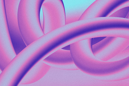 Intertwined torus-like tubes are creating abstract 3D rendered composition in pastel pinks and cyan....