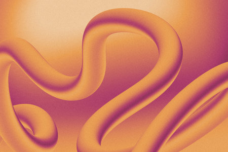 Large sinuous tubular ribbon is curving across 3D render gradient canvas, showing grain texture....