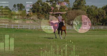 Riding adult female wearing plaid shirt and boots, guiding chestnut horse across paddock with HUD. Equine, ranch, pasture, fence, hat, outdoor, rusticの写真素材