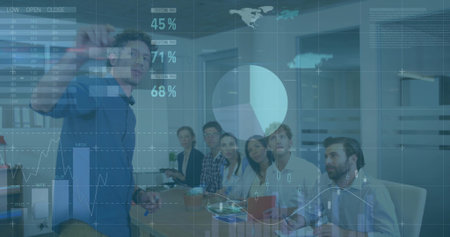 Pointing presenter in button-up shirt writing on glass wall at office with data overlay, copy space....