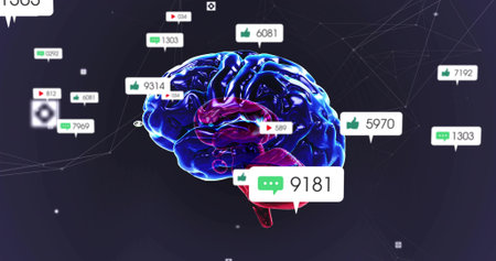 Floating 3D brain pulsing in dark gradient space, with UI badges showing chat thumbs-up play icons....