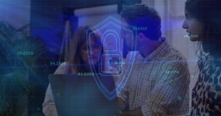Reviewing three colleagues leaning over laptop at office, woman in blazer, padlock HUD....