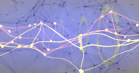 Flowing glowing waveform lines and nodes weaving across digital data space, with HUD. Visualization,...