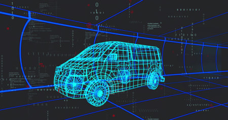 Displaying cyan wireframe cargo van model rotating on virtual grid floor, with binary code overlays. Mesh, vehicle, blue, neon, tunnel, futuristic, sleekの写真素材