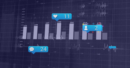 Displaying seven gray bars on navy dashboard with ECG waveform traces, numeric labels, blue bubbles....