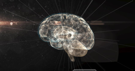 Floating translucent brain hologram emitting glowing filaments in dark space, with UI overlay....